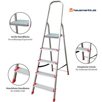 HAUSMARKT Haushaltsleiter 5-Stufen-Aluleiter – Stehleiter mit Sicherheitsbügel Plattformhöhe: 98cm 150kg belastbar